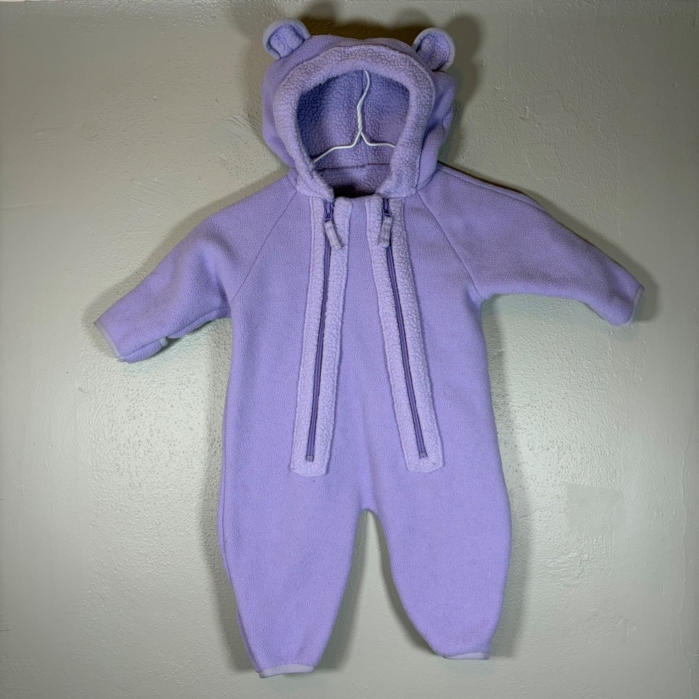 LL Bean Infants Hi-Pile Fleece Bunting Purple Bear Ears Hooded Suit 3-6 Months